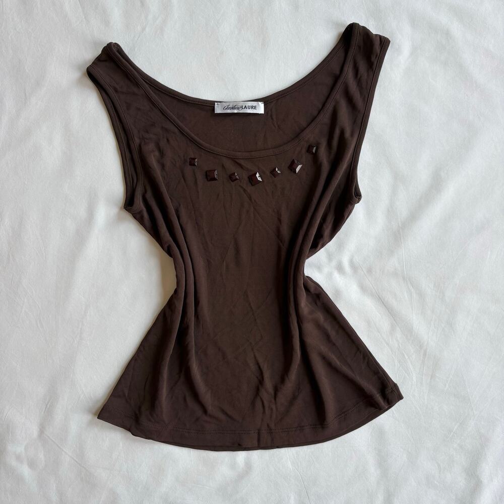 Y2K Brown Top Christine Laure Embellished Scoop Neck Blouse - Size M/L